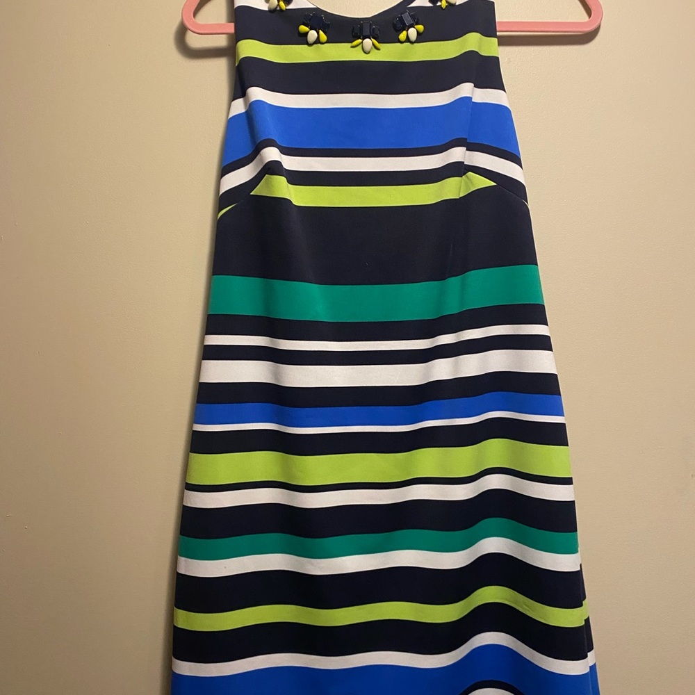 Gem embroidered neckline on darling, vibrant cocktail dress